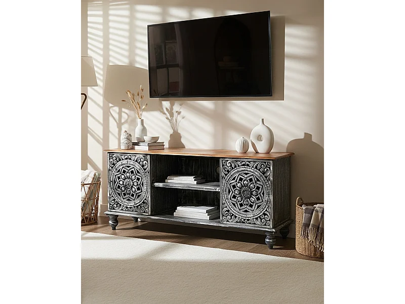 Lotus - Meuble TV cérusé en bois massif de manguier 150 cm