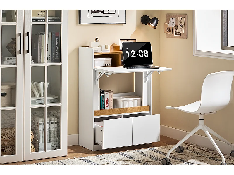 SoBuy FWT109-WN Bureau Pliant, Table d'Ordinateur Rabattable, Table de Bureau, Petite Bureau avec Étagères de Rangement, Table de Travail, Table Informatique