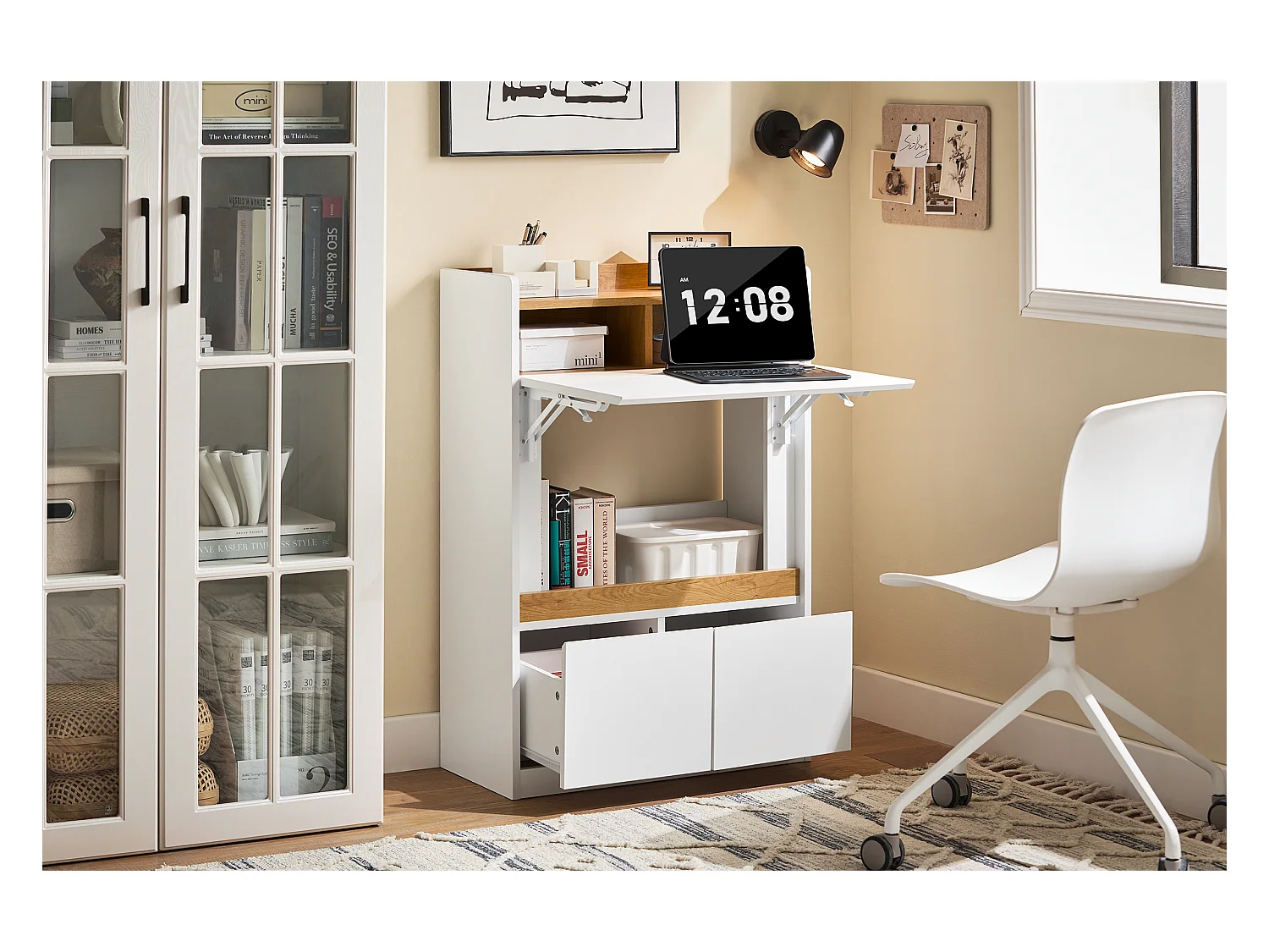 SoBuy FWT109-WN Bureau Pliant, Table d'Ordinateur Rabattable, Table de Bureau, Petite Bureau avec Étagères de Rangement, Table de Travail, Table Informatique