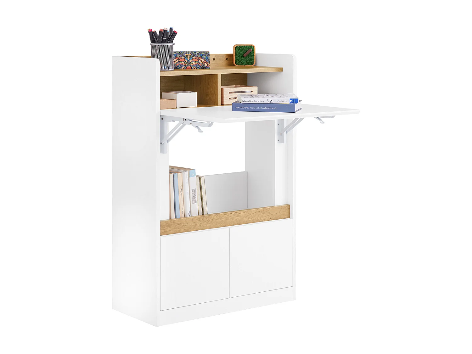 SoBuy FWT109-WN Bureau Pliant, Table d'Ordinateur Rabattable, Table de Bureau, Petite Bureau avec Étagères de Rangement, Table de Travail, Table Informatique
