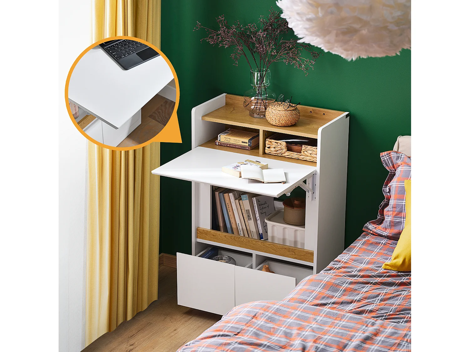 SoBuy FWT109-WN Bureau Pliant, Table d'Ordinateur Rabattable, Table de Bureau, Petite Bureau avec Étagères de Rangement, Table de Travail, Table Informatique