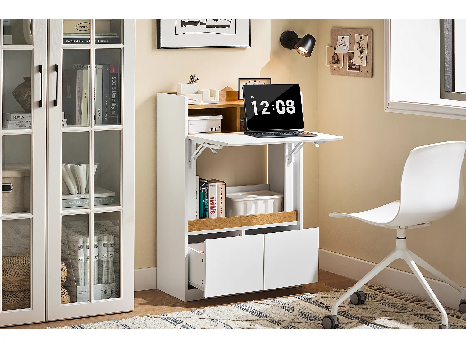 SoBuy FWT109-WN Bureau Pliant, Table d'Ordinateur Rabattable, Table de Bureau, Petite Bureau avec Étagères de Rangement, Table de Travail, Table Informatique