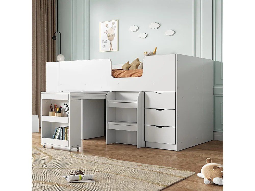 Lit en mezzanine, 90*200 Lit d'enfant avec échelle, bureau, armoire amovible, tiroirs, blanc