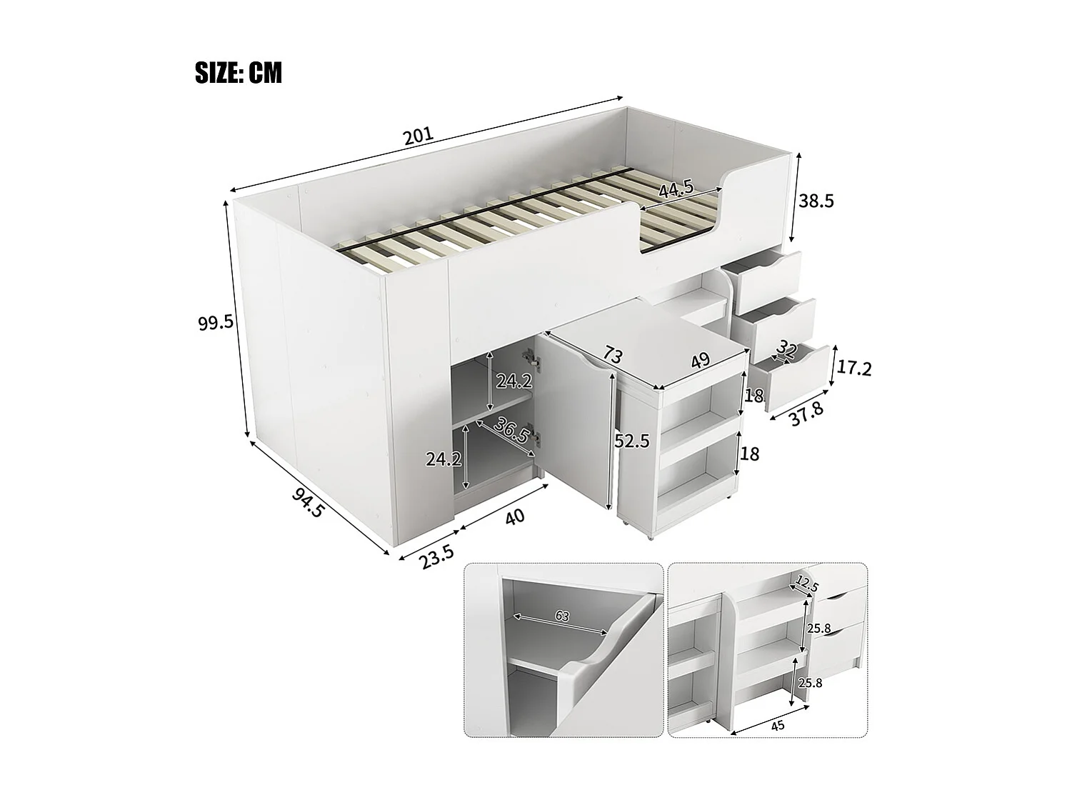 Lit en mezzanine, 90*200 Lit d'enfant avec échelle, bureau, armoire amovible, tiroirs, blanc