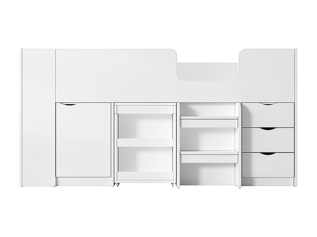 Lit en mezzanine, 90*200 Lit d'enfant avec échelle, bureau, armoire amovible, tiroirs, blanc
