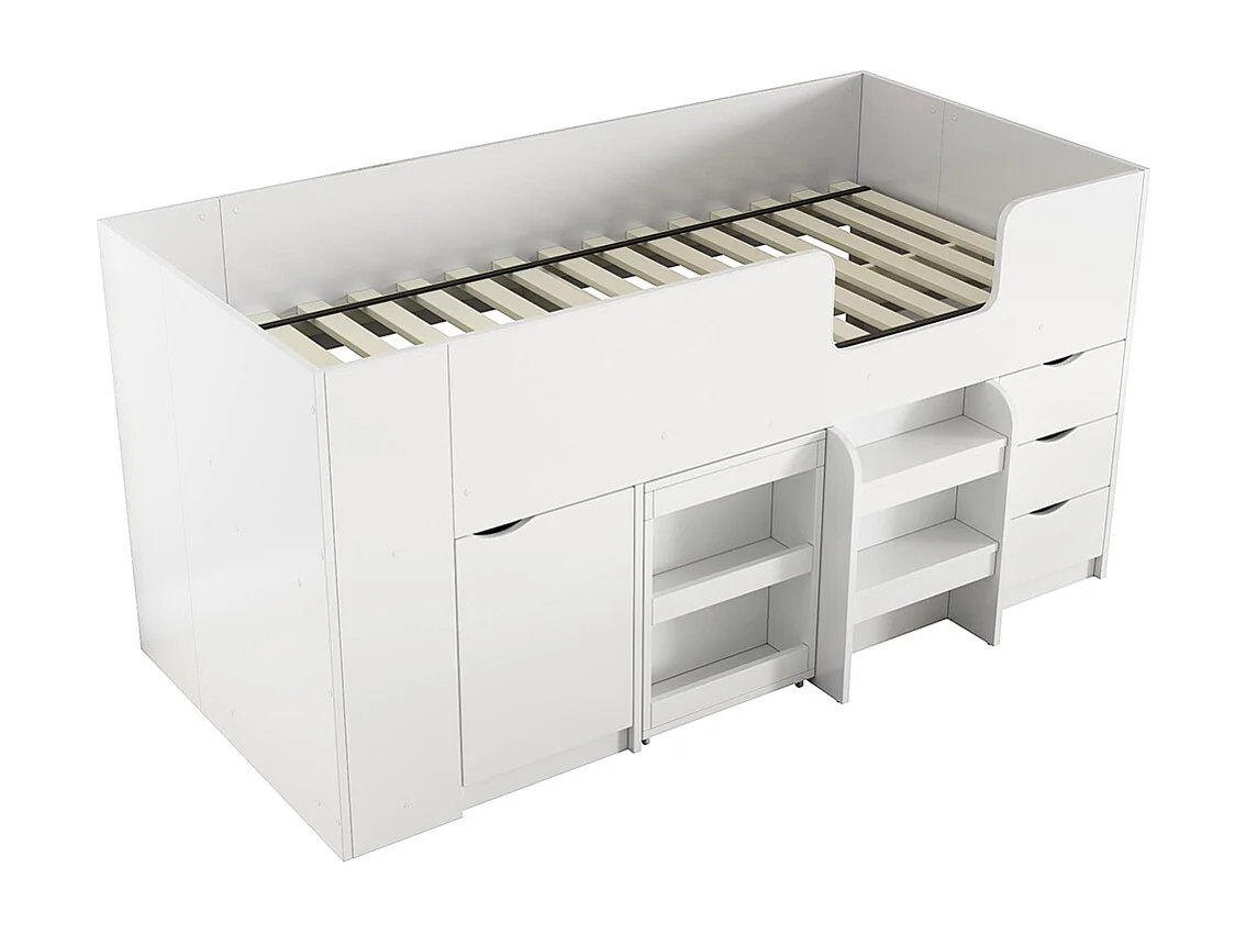 Lit en mezzanine, 90*200 Lit d'enfant avec échelle, bureau, armoire amovible, tiroirs, blanc
