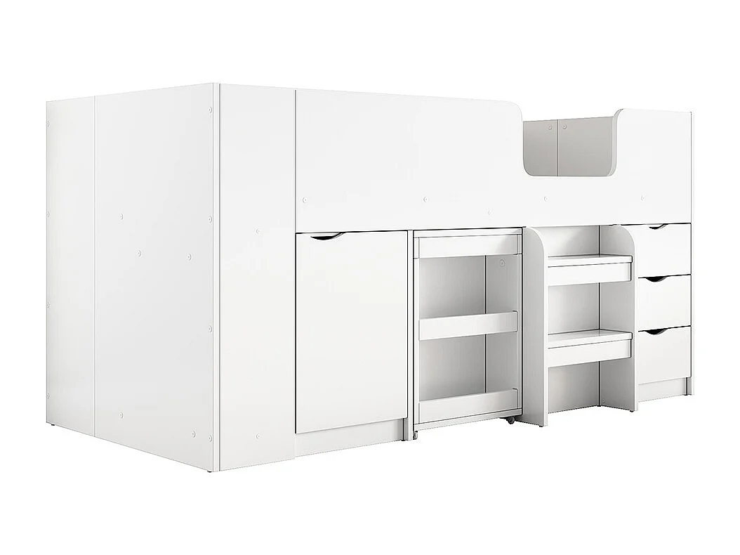 Lit en mezzanine, 90*200 Lit d'enfant avec échelle, bureau, armoire amovible, tiroirs, blanc