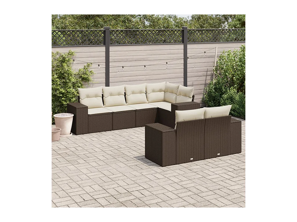 Salon de jardin avec coussins 7 pcs marron résine tressée