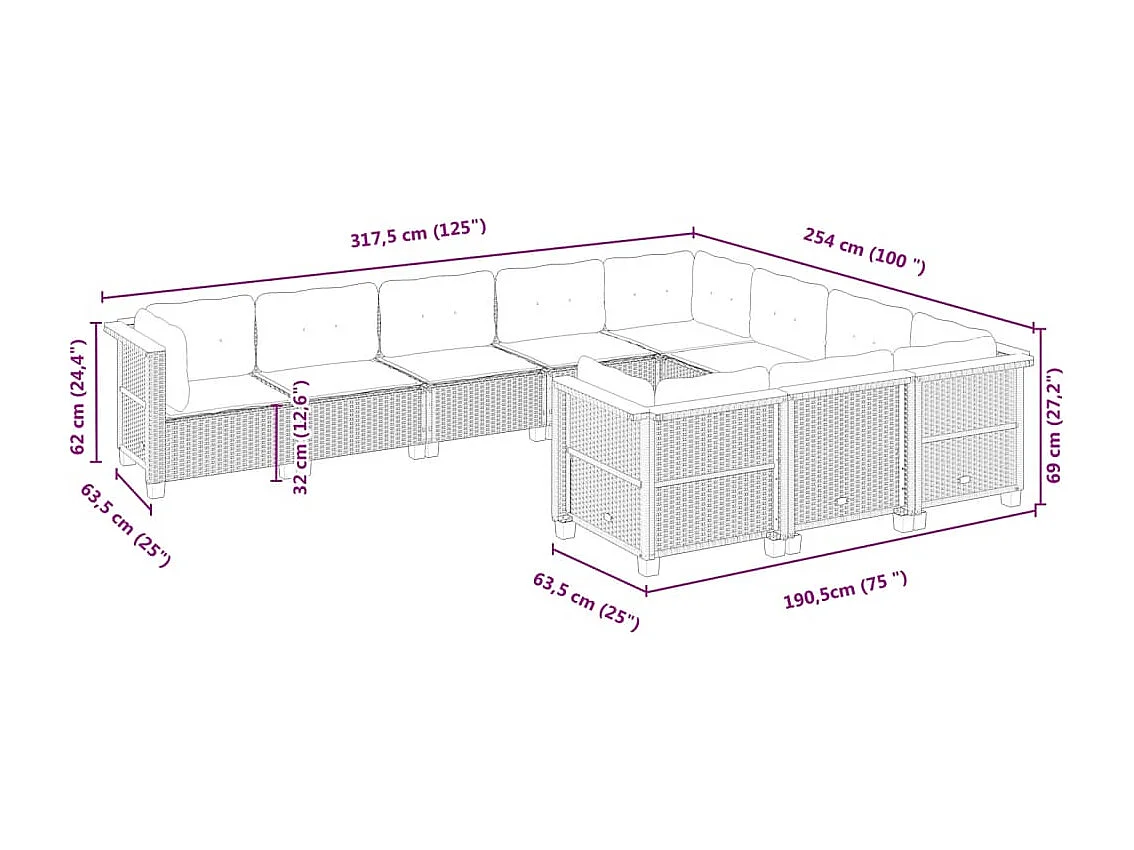 Conjunto de muebles de jardín con cojines 10 piezas resina tejida beige