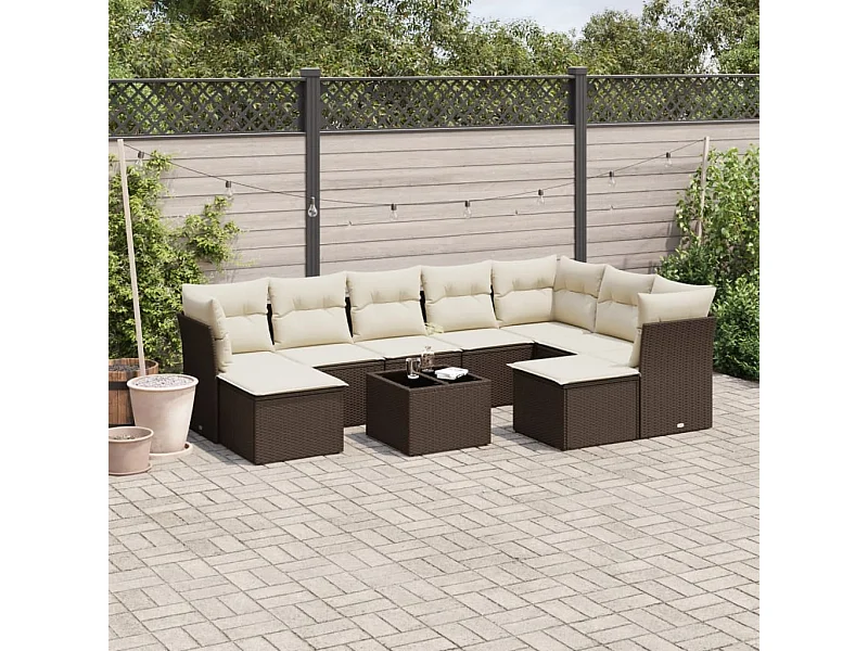Conjunto de muebles de jardín de 10 piezas con cojines marrones en resina trenzada