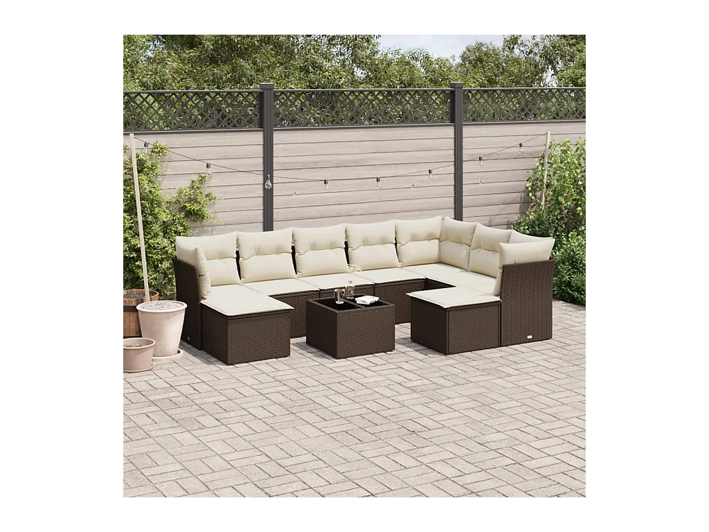 Salon de jardin 10 pcs avec coussins marron résine tressée