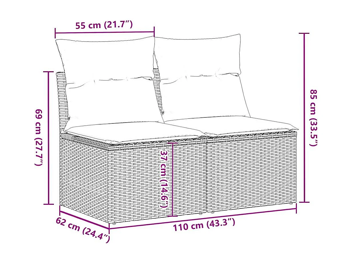 Salon de jardin avec coussins 2pcs marron résine tressée acacia