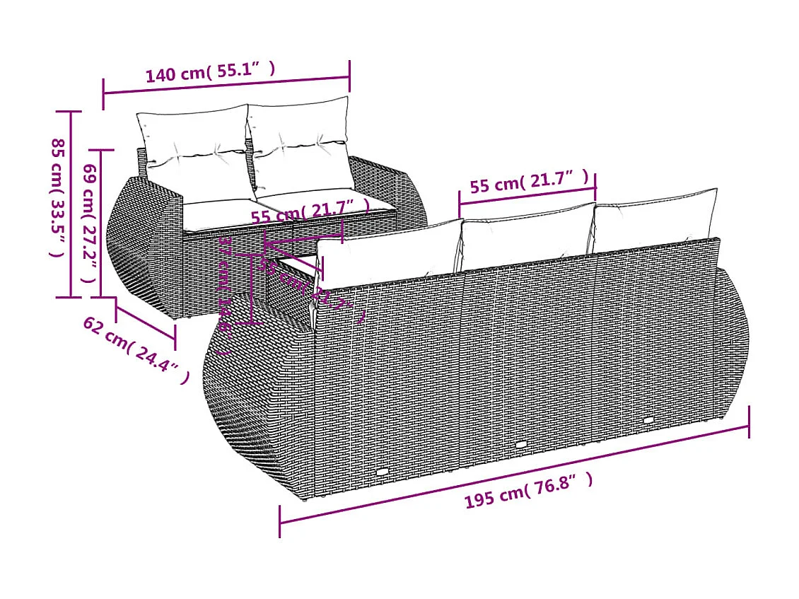 Conjunto de móveis de jardim com almofadas 6 peças resina trançada marrom