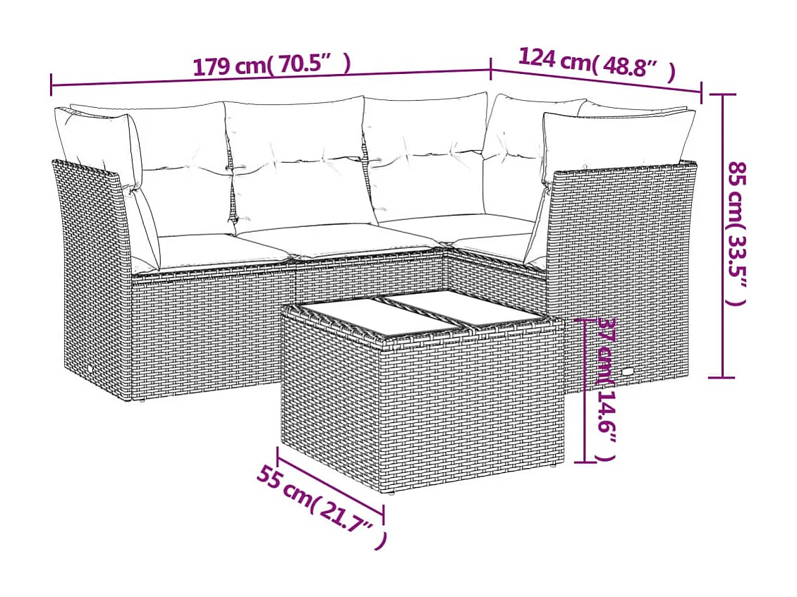 Salon de jardin avec coussins 5 pcs marron résine tressée