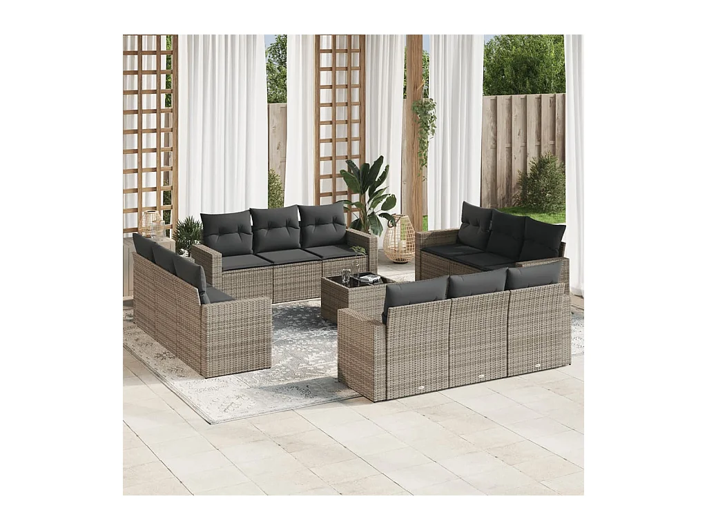 Salon de jardin avec coussins 13 pcs gris résine tressée