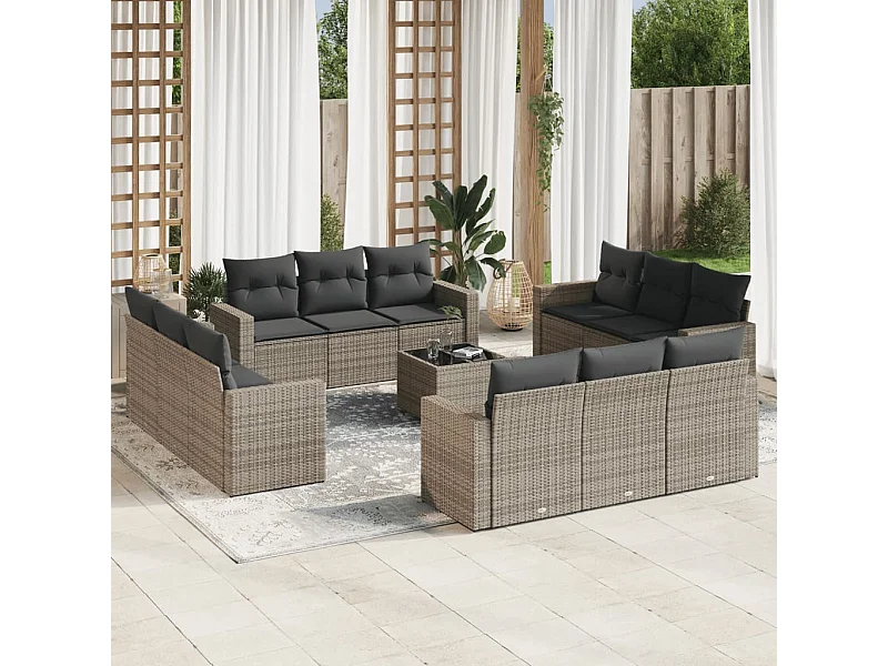 Salon de jardin avec coussins 13 pcs gris résine tressée