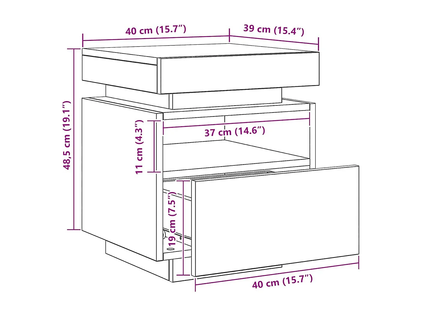 Nachtkastje met LED-verlichting 40x39x48,5 cm artisanaal eiken