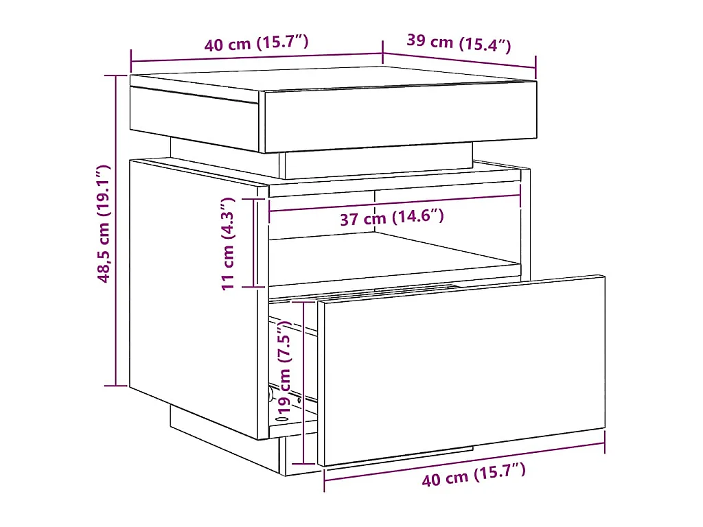 Mesa de cabeceira c/ LEDs 40x39x48,5 cm carvalho artisiano