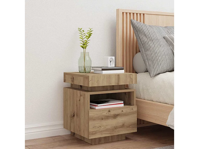 Armoire de chevet et lumières LED chêne artisanal 40x39x48,5 cm