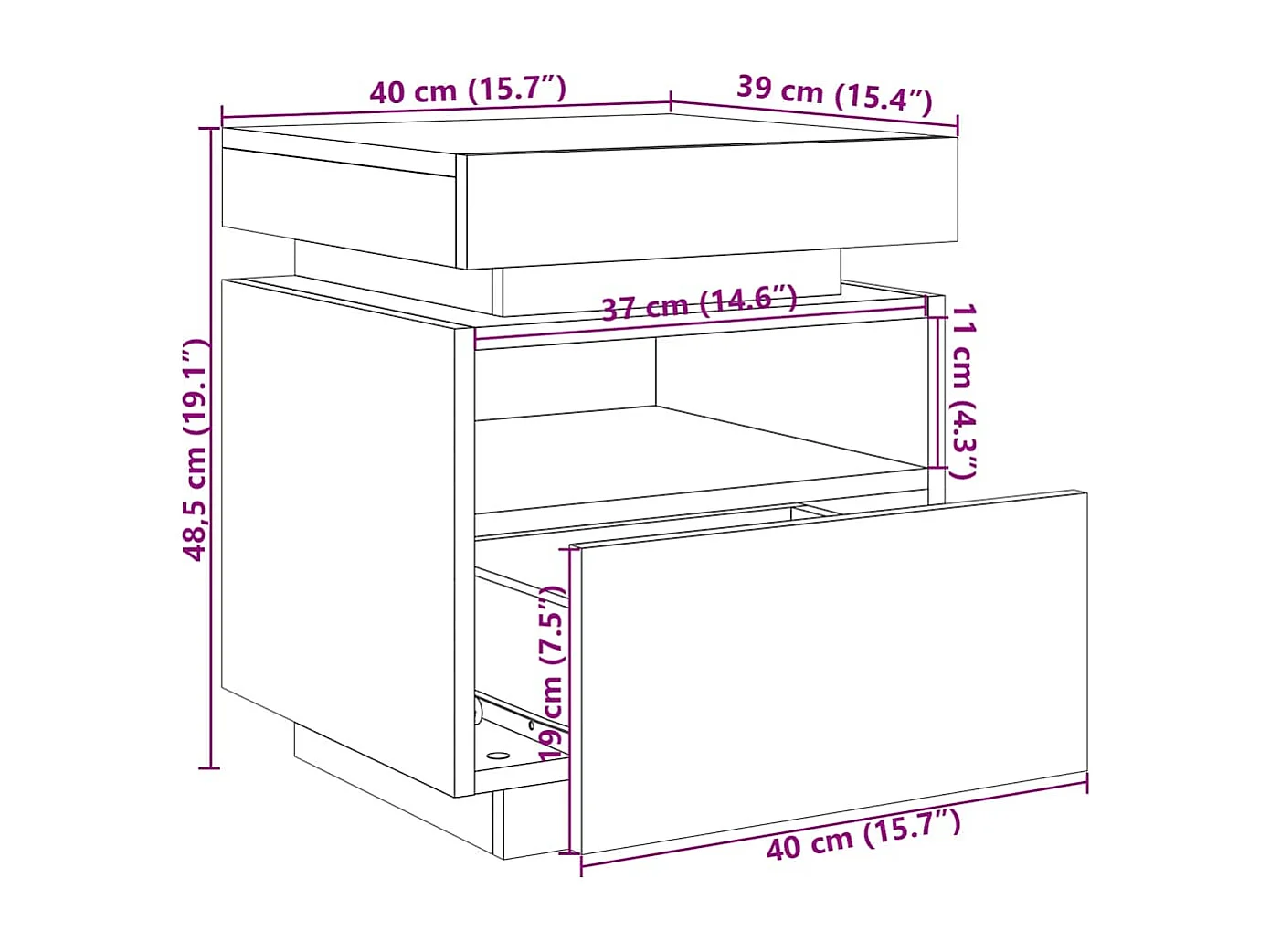 Nachtkastjes met LED-verlichting 2 st 40x39x48,5 cm oud hout
