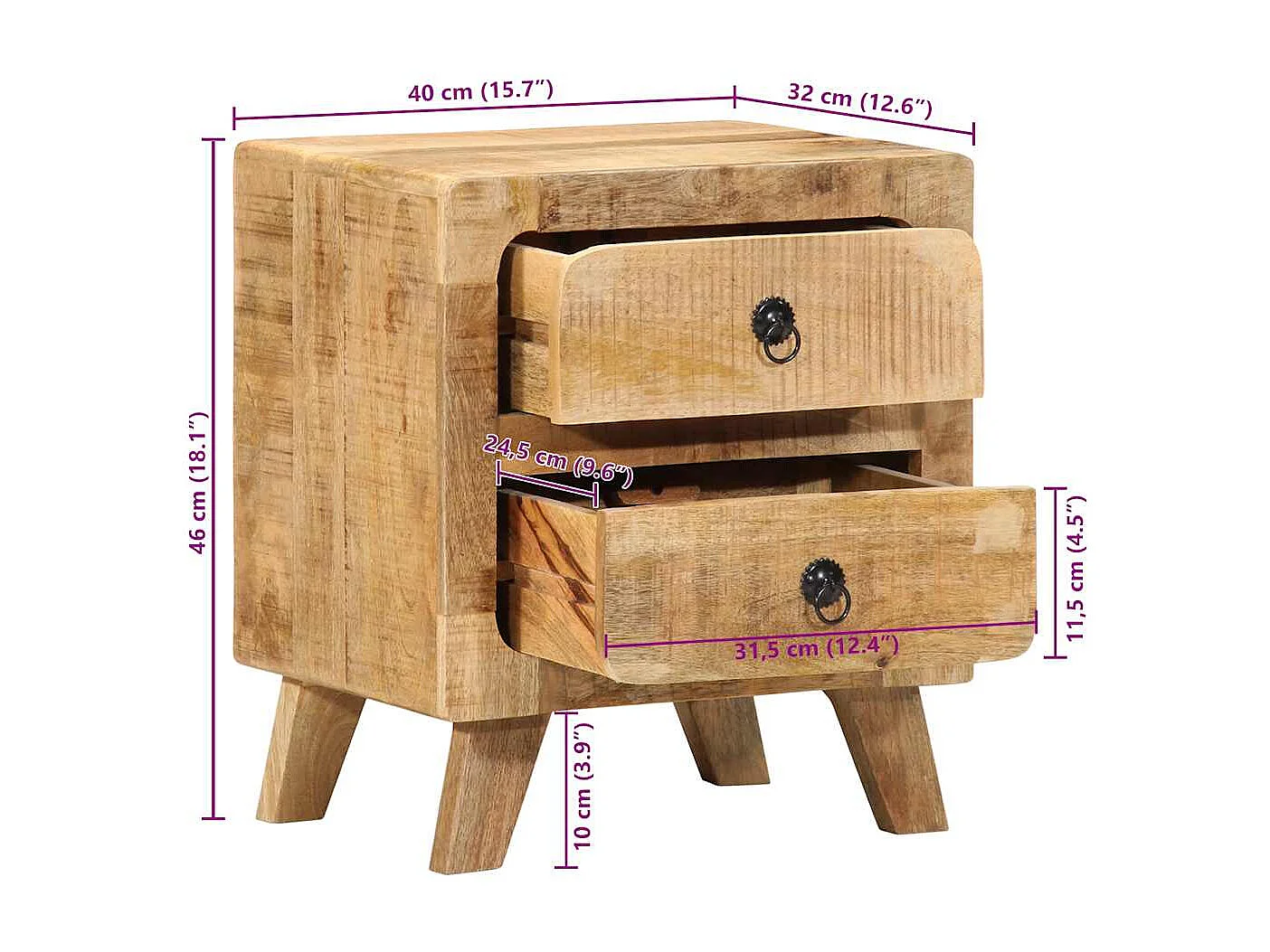 Table de chevet 2 pcs 40x32x46 cm bois massif de manguier brut