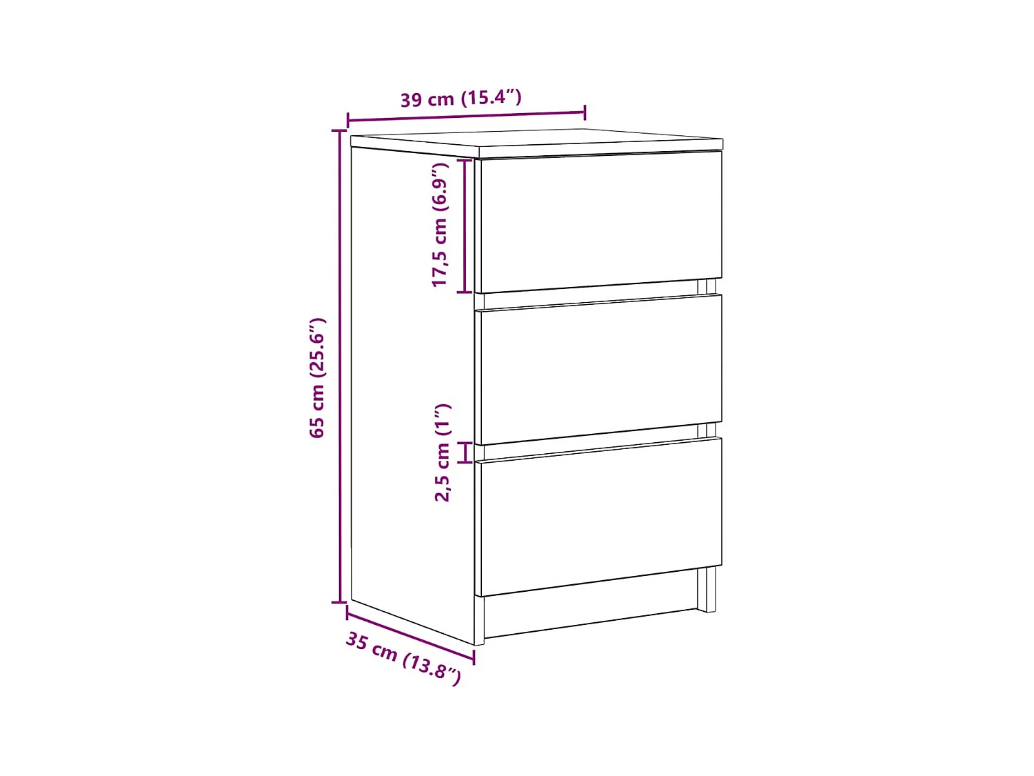 Table de chevet avec 3 tiroirs sonoma gris 39x35x65 cm