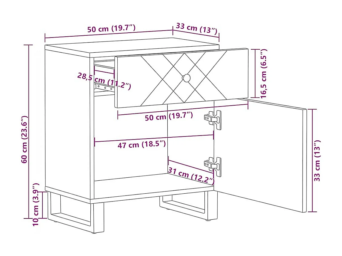 Table de chevet noir 50x33x60 cm bois de manguier massif