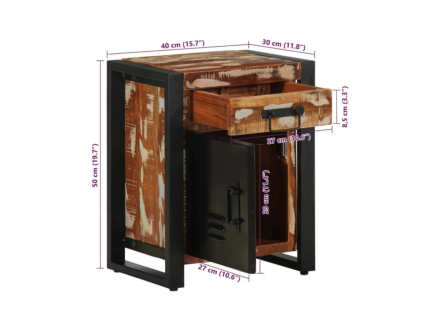 Table de chevet multicolore 40x30x50 cm bois de récupération