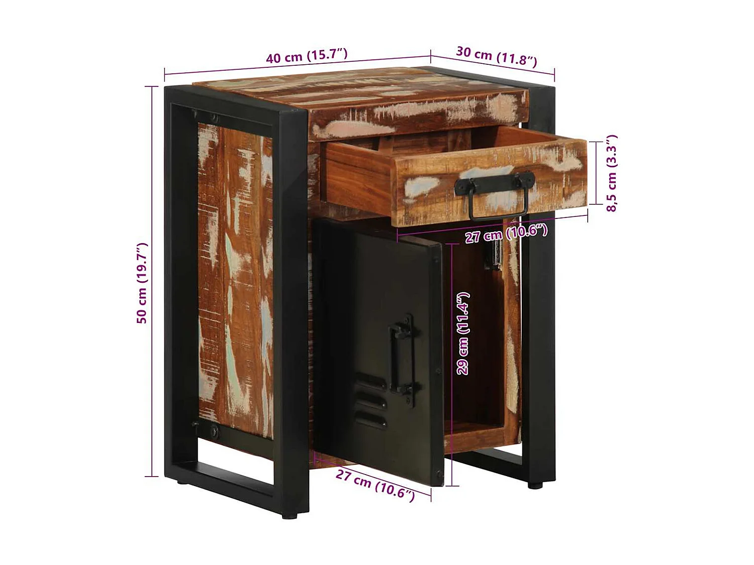 Table de chevet multicolore 40x30x50 cm bois de récupération