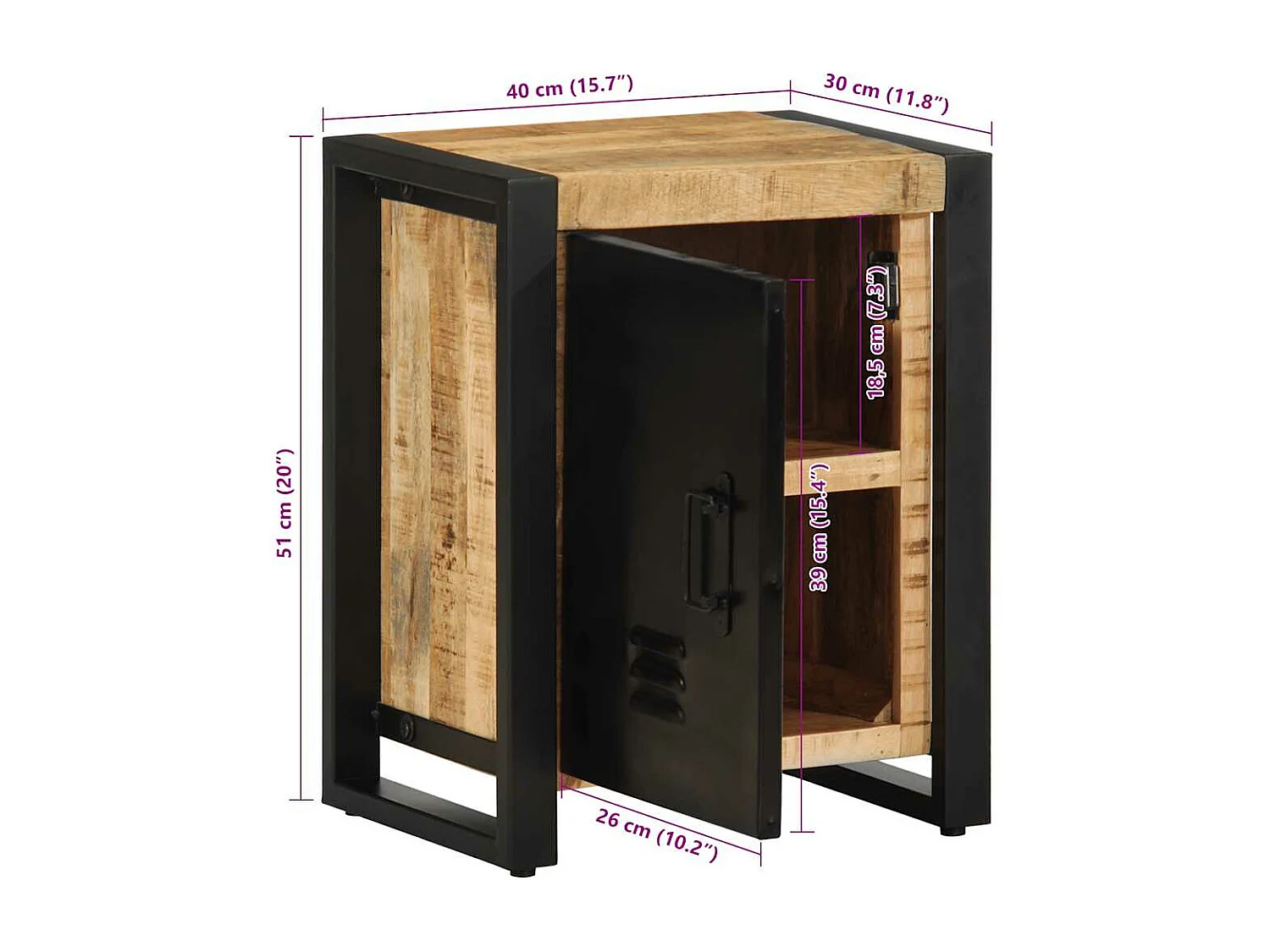 Table de chevet 40x30x51 cm bois massif de manguier brut