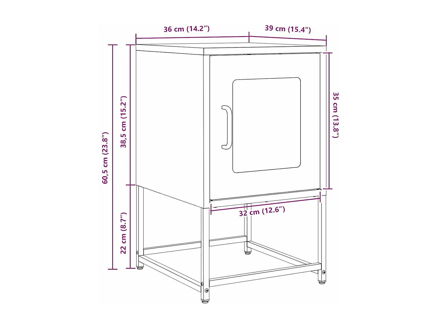 Table de chevet rose 36x39x60,5 cm acier laminé à froid