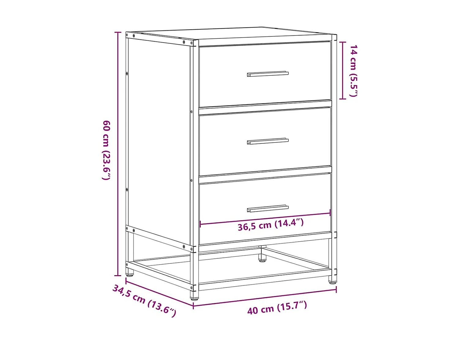 Table de chevet sonoma gris 40x34,5x60 cm bois ingénierie métal