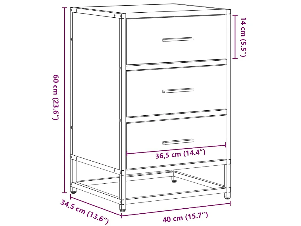 Table de chevet sonoma gris 40x34,5x60 cm bois ingénierie métal