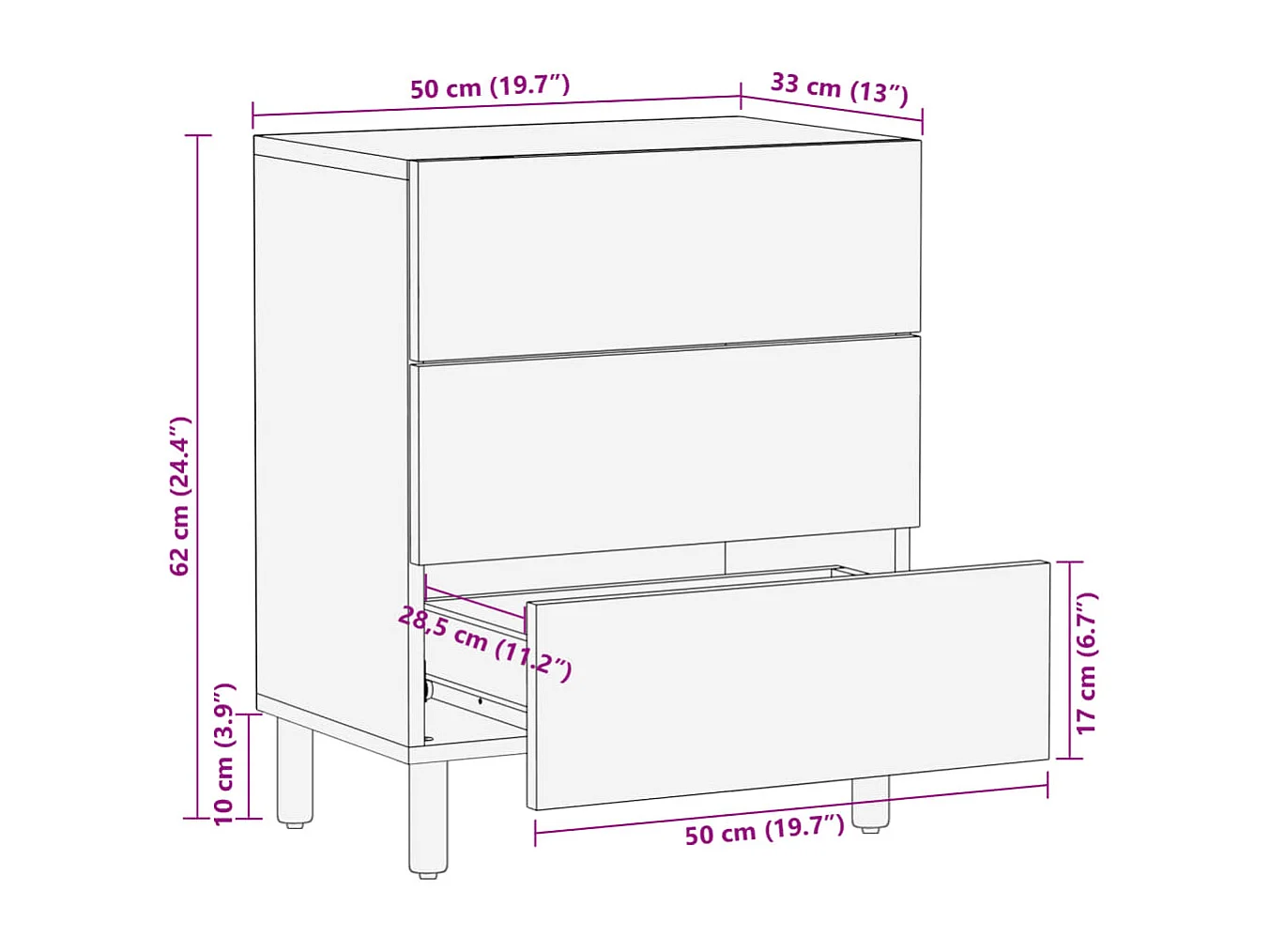 Table de chevet noir 50x33x62 cm bois d'ingénierie