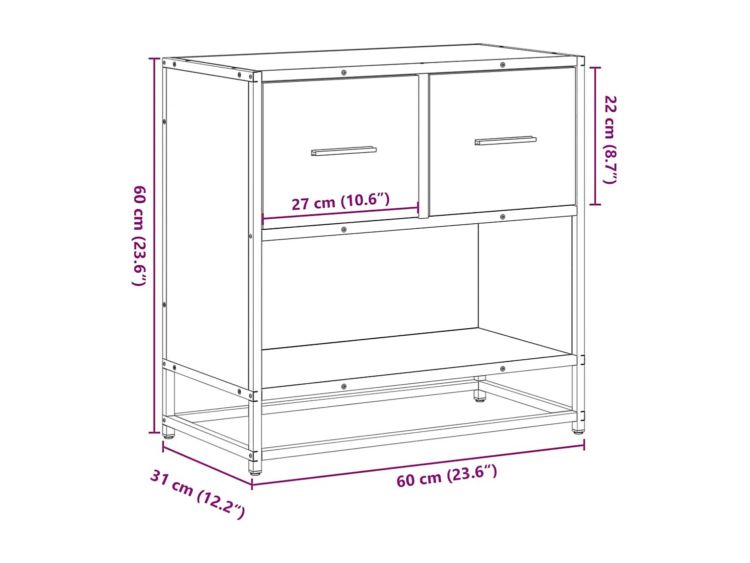 Table de chevet chêne marron 60x31x60 cm bois ingénierie métal