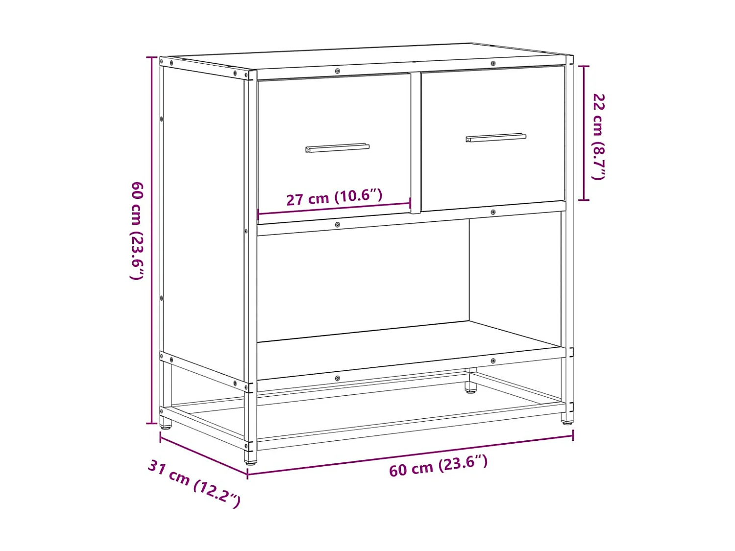 Table de chevet chêne fumé 60x31x60 cm bois ingénierie et métal