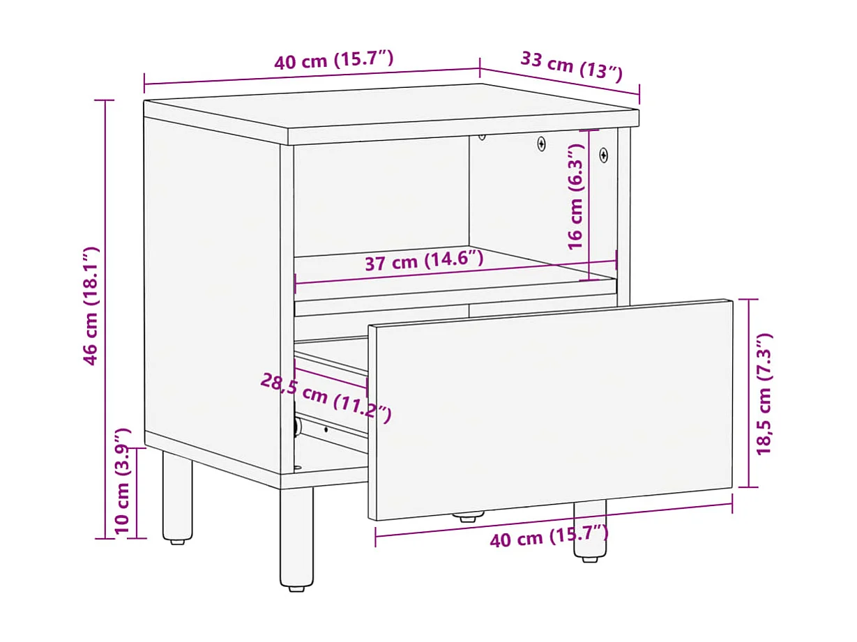 Comodino Nero 40x33x46 cm in Legno Multistrato