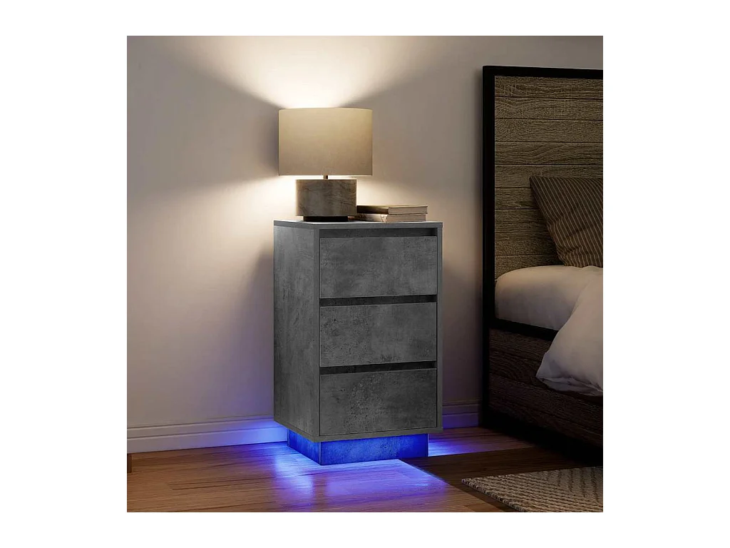 Table de chevet avec lumières LED gris béton 38x34x65 cm
