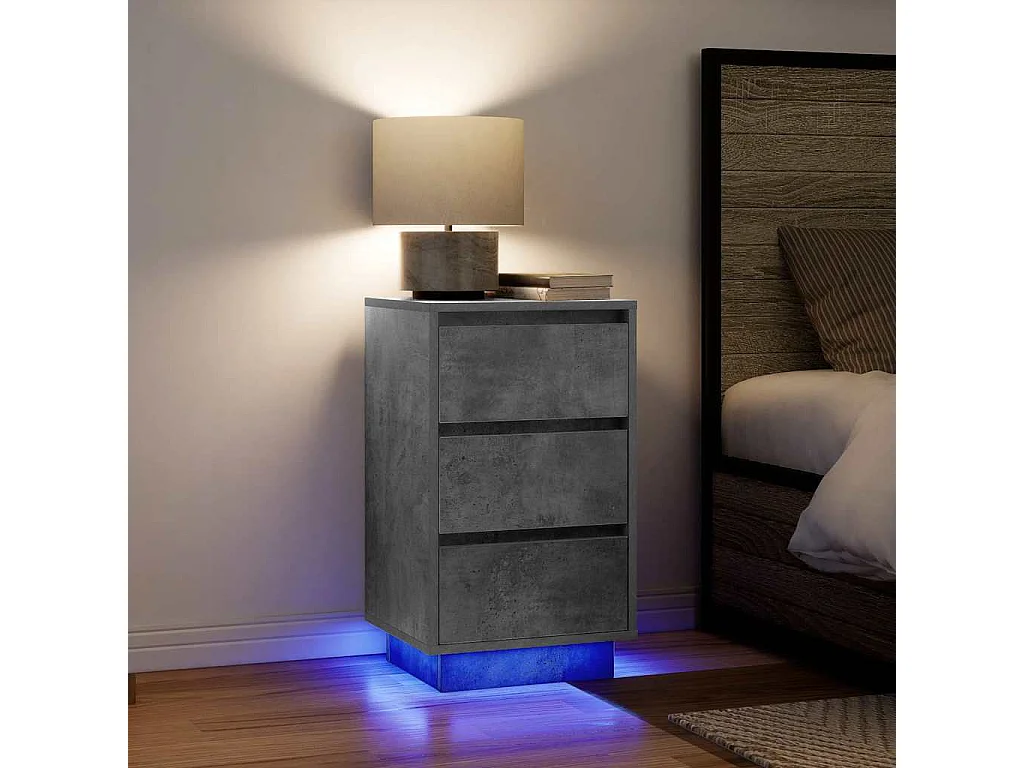 Mesa de cabeceira com luzes LED 38x34x65 cm cinzento-cimento