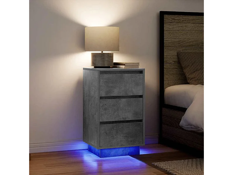 Mesa de cabeceira com luzes LED 38x34x65 cm cinzento-cimento