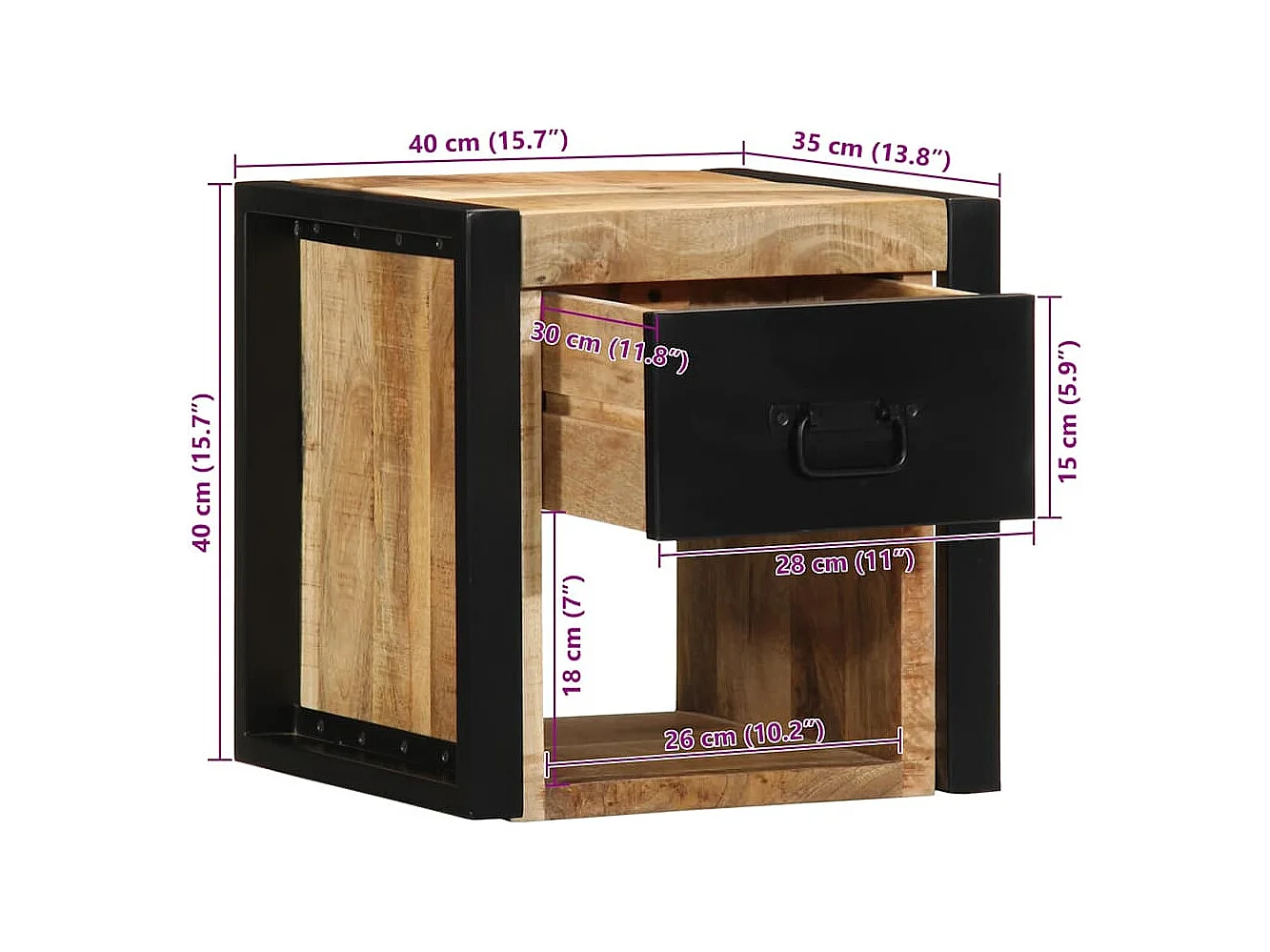 Table de chevet 40x35x40 cm bois brut massif de manguier