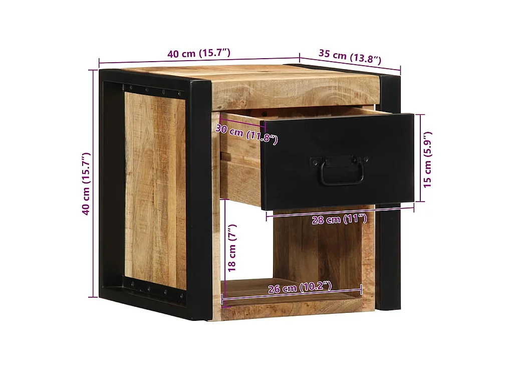 Table de chevet 40x35x40 cm bois brut massif de manguier