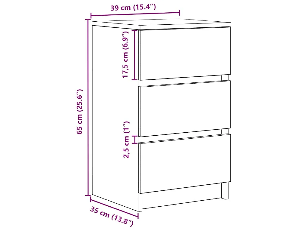 Mesa de cabeceira com 3 gavetas 39x35x65 cm branco