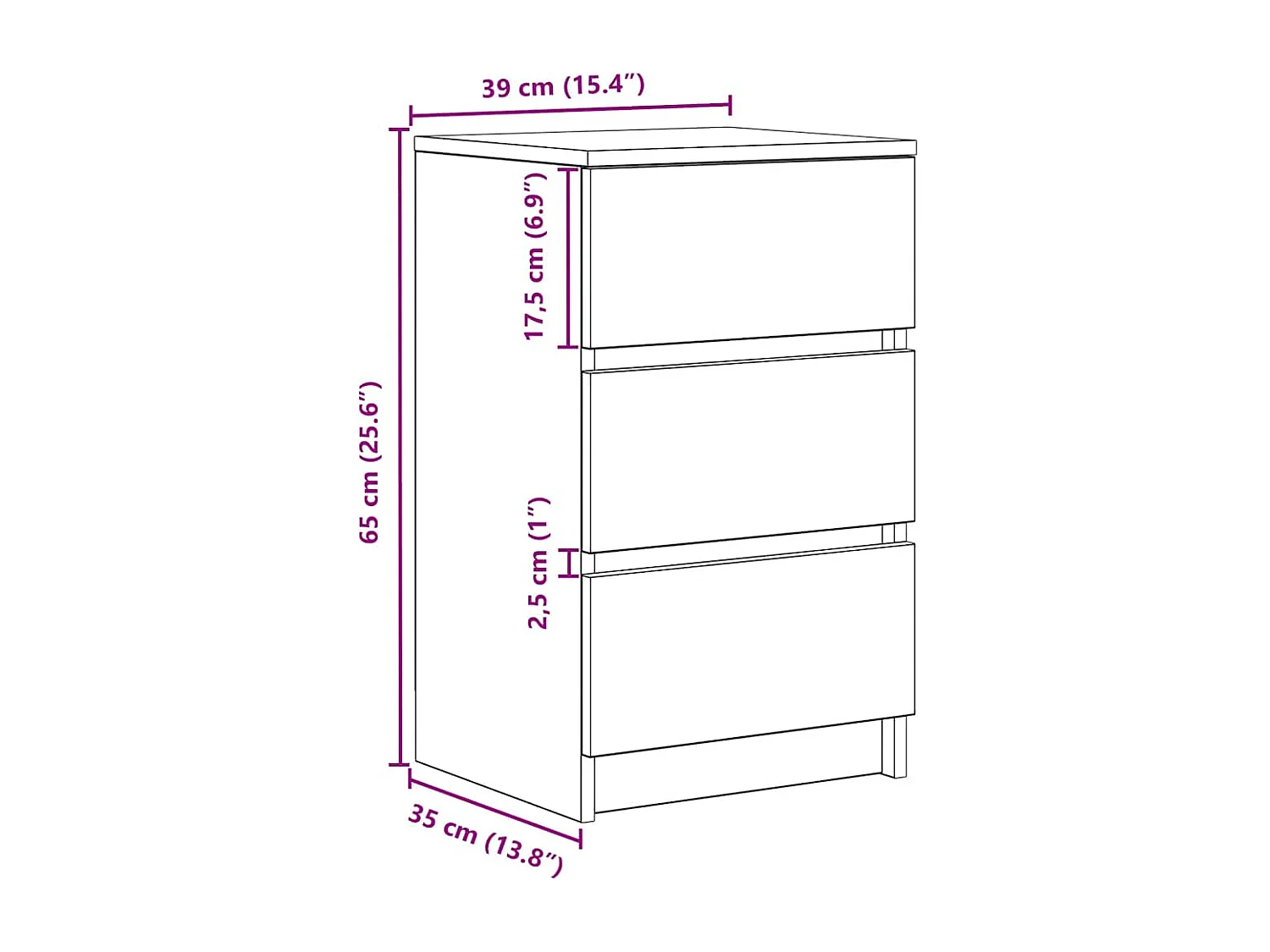 Comodino con 3 Cassetti Rovere Artigianale 39x35x65 cm