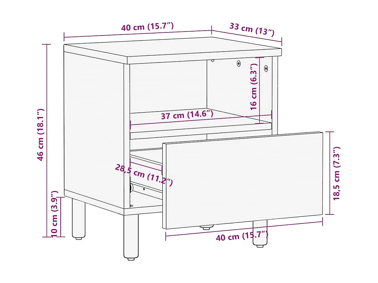 Comodino Marrone 40x33x46 cm in Legno Massello di Mango