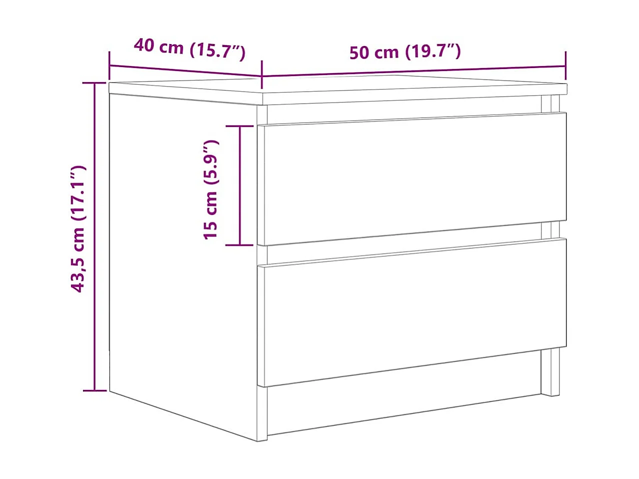 Table de chevet chêne artisanal 50x40x43.5 cm bois d’ingénierie