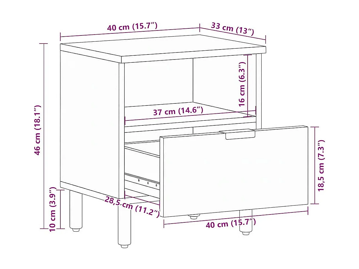 Table de chevet noir 40x33x46 cm bois d'ingénierie