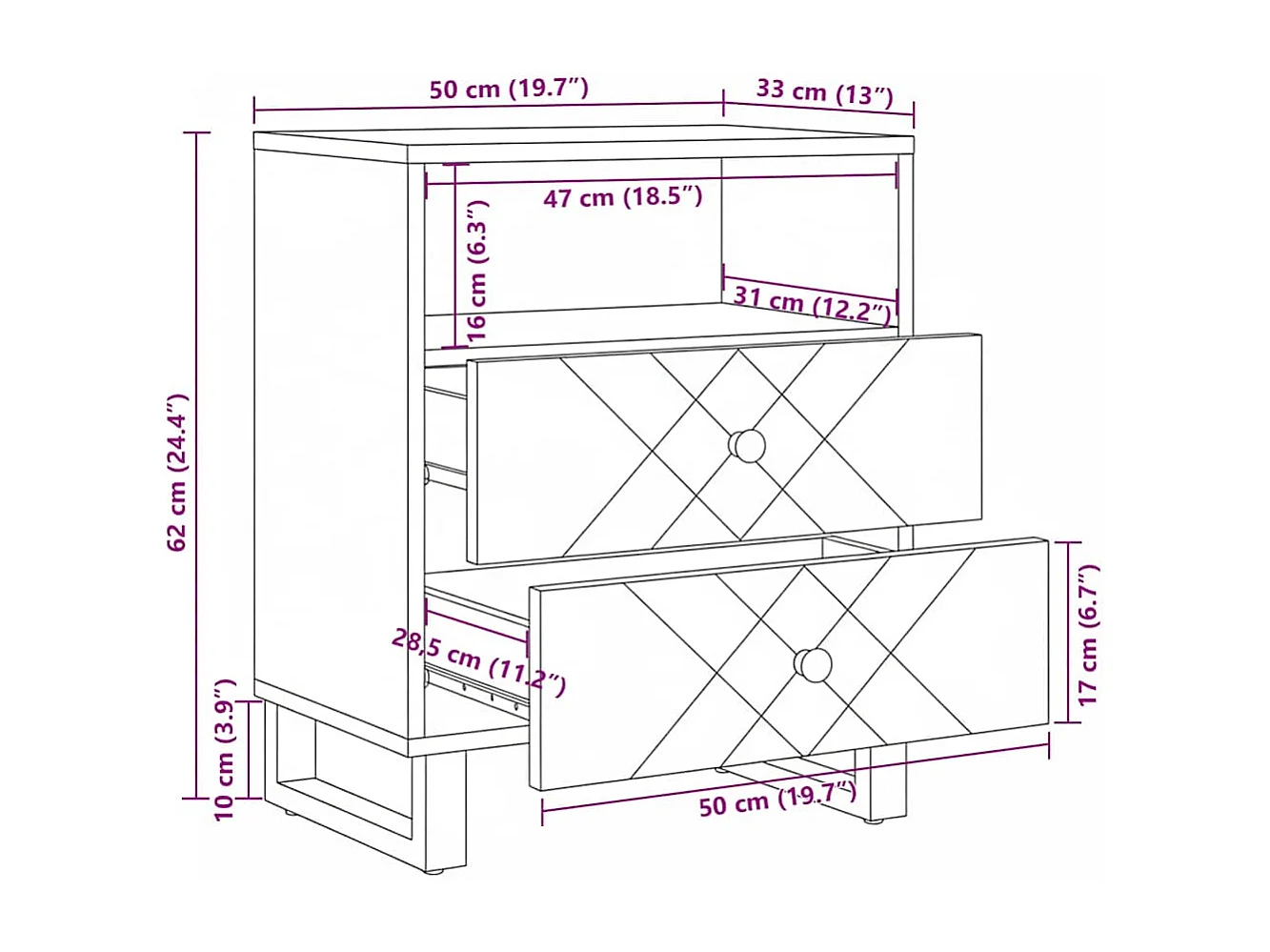 Table de chevet noir 50x33x62 cm bois de manguier solide