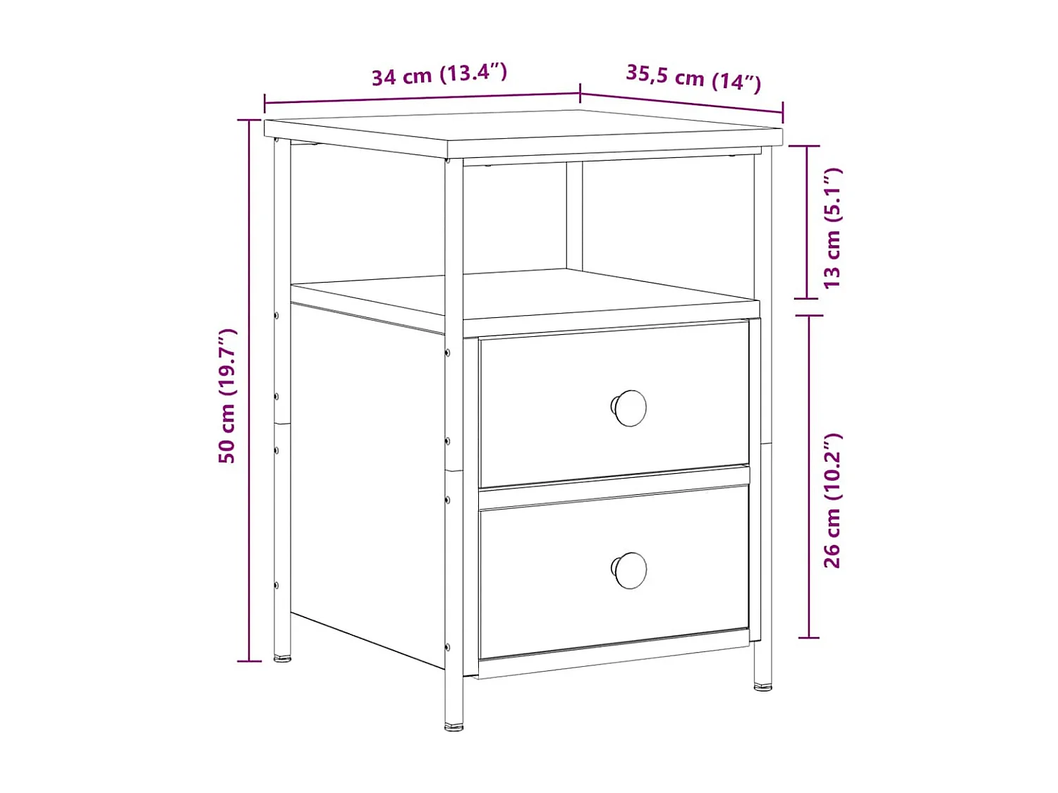 Table de chevet chêne artisanal 34x35,5x50 cm bois d'ingénierie