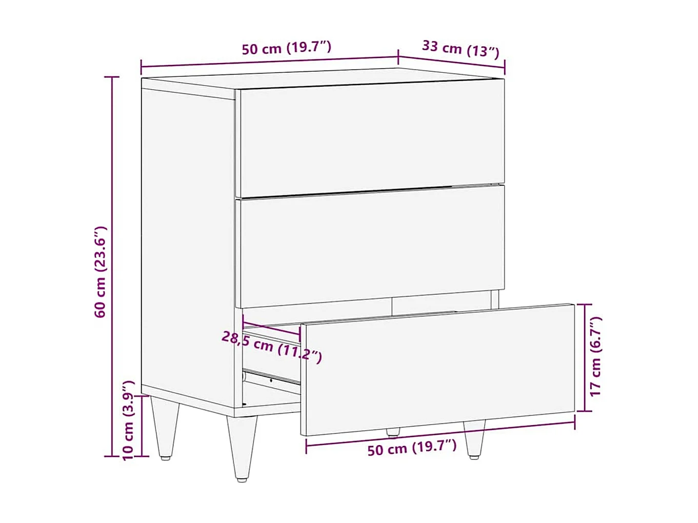 Table de chevet 50x33x60 cm bois de manguier massif